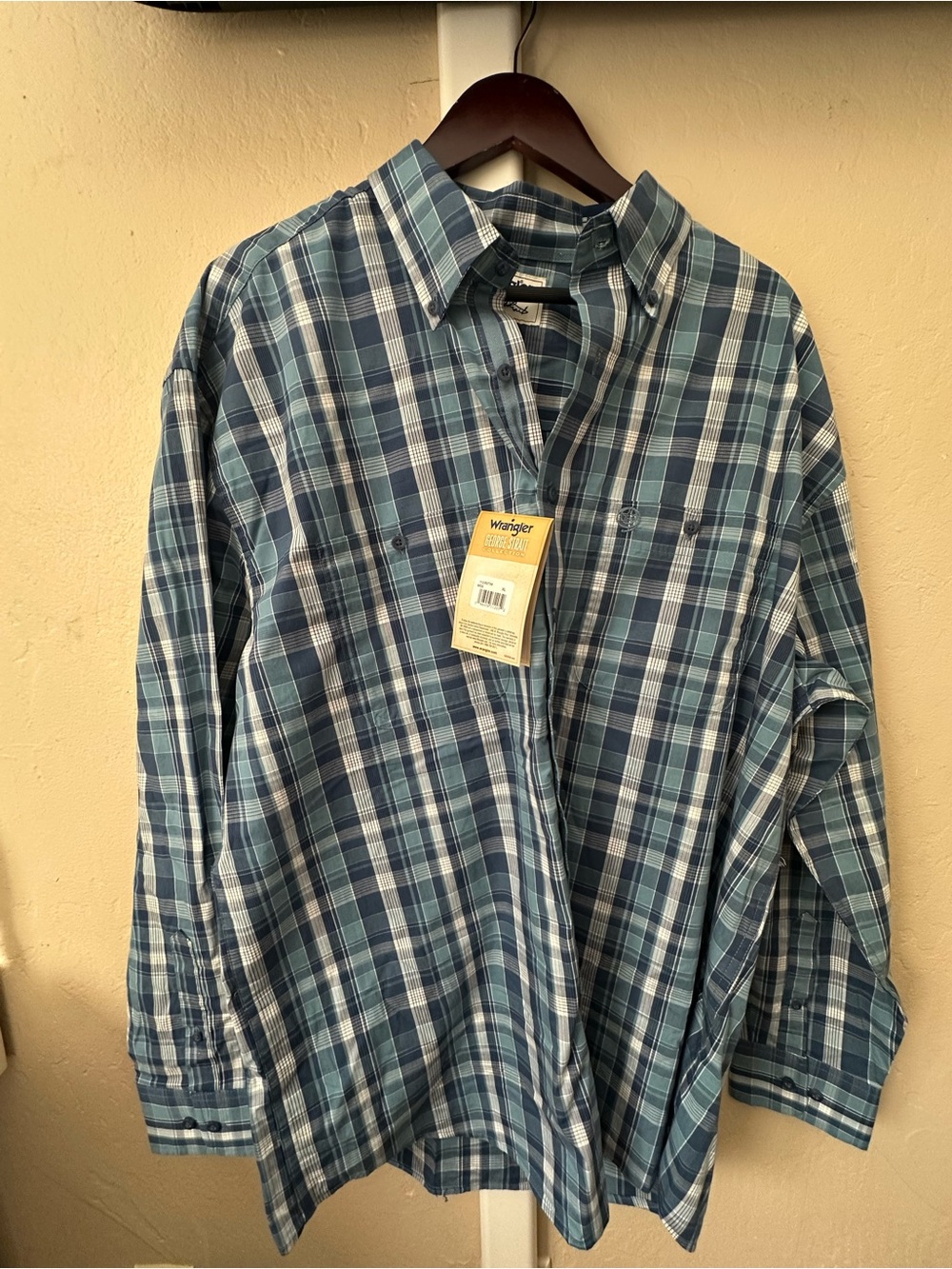 Wrangler Blue and White Plaid Button-Down Shirt